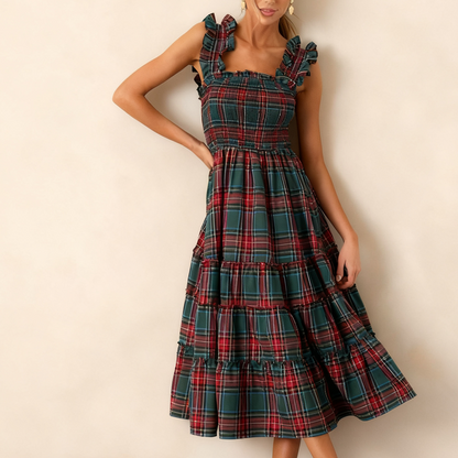 Women’s Chic Plaid Ruffled Spaghetti Strap Dress