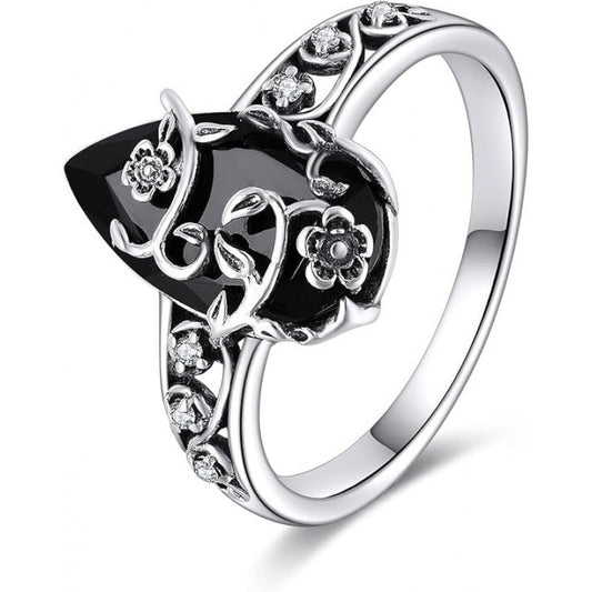 💍50% OFF NOW! 🌿 Vintage Floral Vine Ring – Black Teardrop Gem, Sparkling Accents & Openwork Band ✨