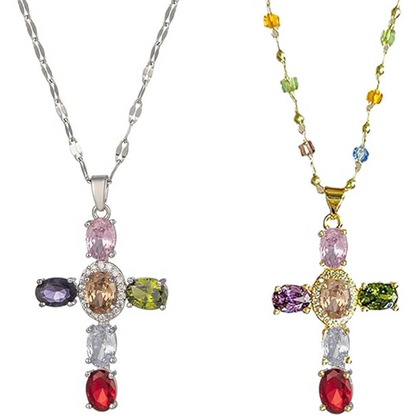 ✨ Buy 1 Get 1 Free! 💎 Colorful Rhinestone Cross Necklace – Dazzling Multicolor & Adjustable Chain – Lightweight Statement Piece 🌈