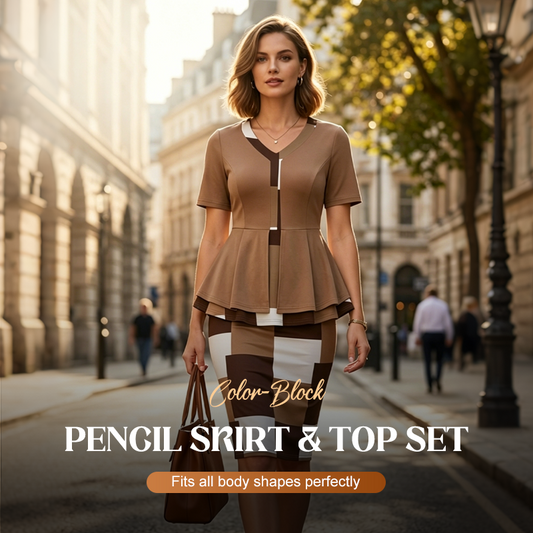 👗 50% OFF NOW! 🎨 Color Block Pencil Skirt & Top Set – Figure-Flattering, Chic & Perfect for Office, Dinner & Special Occasions – Versatile 2-Piece ✨