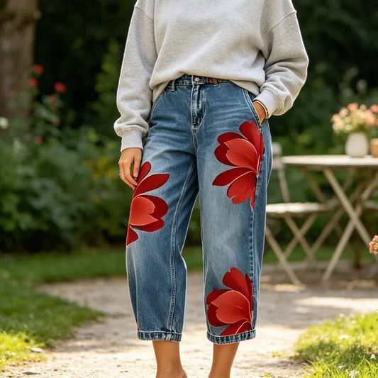 📢📢30% OFF !! ⏰ Women's Floral Wide-Leg Jeans – Unique Appliqué, Soft, 6 Colors 🌸