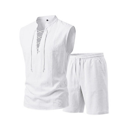 Men's Linen Sleeveless Lace-Up Top & Shorts Set