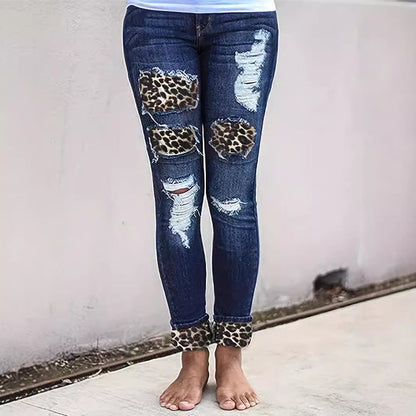 Women's Leopard Patch Ripped Skinny Jeans