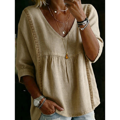 ⏳Time-Limited Special⏰Women’s Lace-Trim V-Neck Top – Bohemian Charm, Empire Waist, 3/4 Sleeves 🌼
