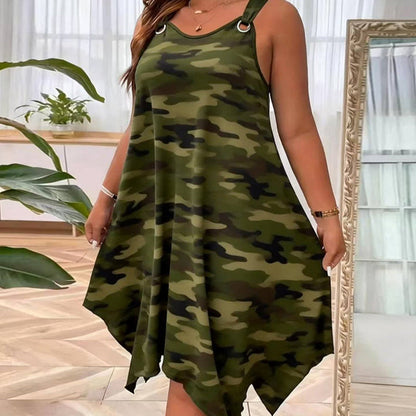 👗 LIMITED-TIME 50% OFF! ✨ Sleeveless Camouflage Dress – Asymmetrical Hem, Edgy Style, Unique 🍂
