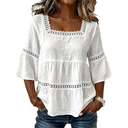 🌸 LIMITED-TIME 50% OFF! 💥 Elegant Square Neck Summer Blouse – Boho Lace, Bell Sleeves, Tiered Flow ✨