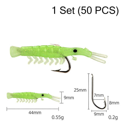 50PCS Luminous Shrimp Lures – Glow in the Dark & Sharp Hooks 🌙✨🦐🎣
