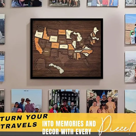 Wooden USA Travel Map Puzzle, A Stylish Way to Track Your Journey & Memories, Journey Tracker Maps Pin Board for Traveling, Removable USA Maps Puzzles for Traveling, Couple Family Art Home