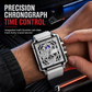 Men's Square Quartz Watch with Silicone Strap Hollow Dial and Calendar Business Casual Wristwatch
