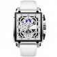 Men's Square Quartz Watch with Silicone Strap Hollow Dial and Calendar Business Casual Wristwatch